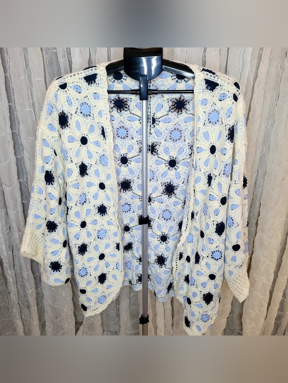 POL Open Front Floral Crochet Blue Cream Boho Kimono Cardigan Cover Up One Size - Picture 6 of 10